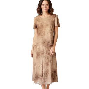 Dress Barn Vintage Brown 2-Piece Floral Short Sleeve Shirt & Skirt Set Size 8